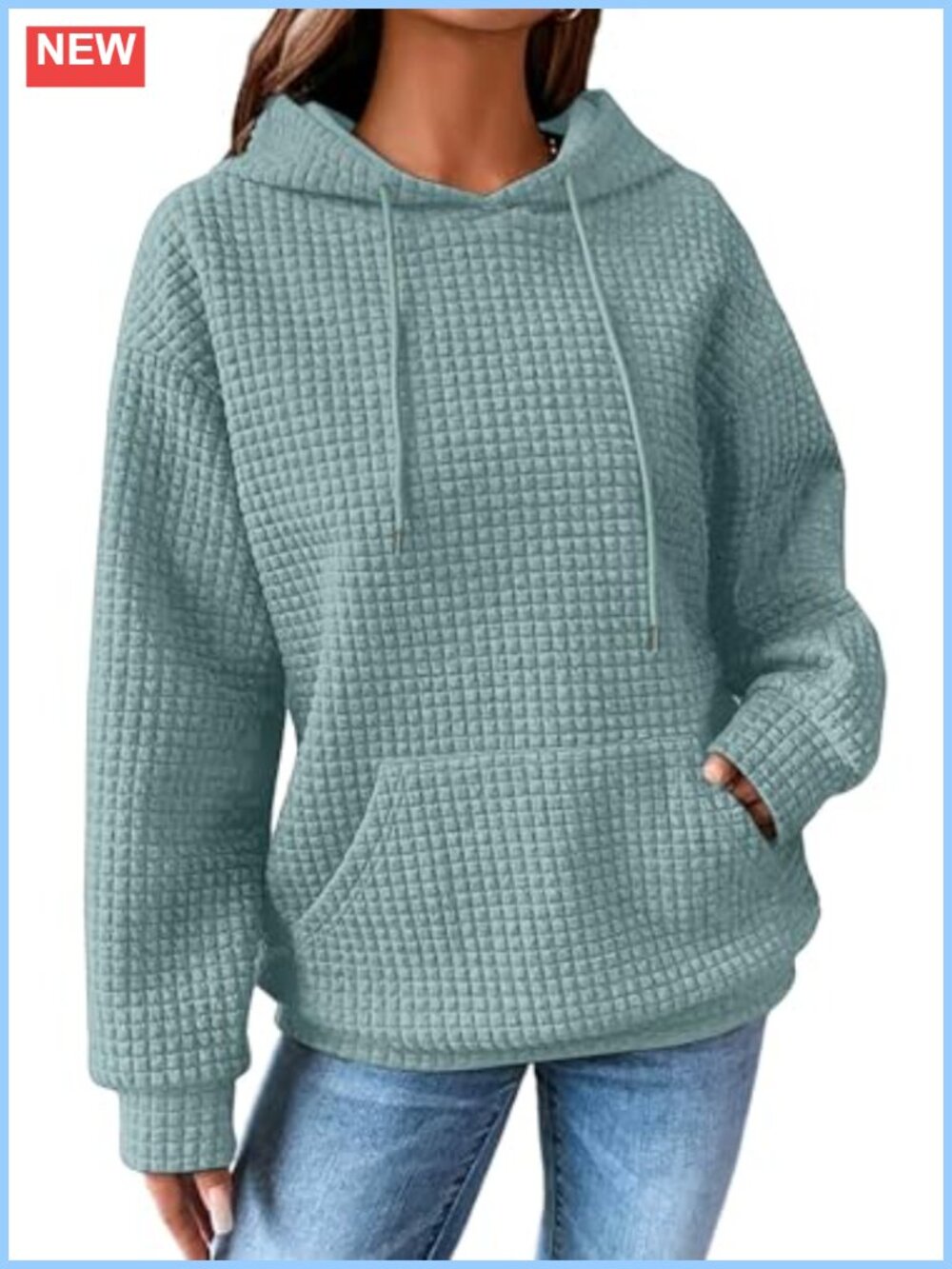 Women Waffle Knit Hoodie Oversized Pullover Sweatshirt with Pocket